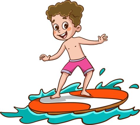 Young kids surfing on sea. Child on surf board on ocean wave. Surf Cartoon, Surfing Cartoon, Kids Surfing, Paddle Surfing, Surf Board, Ocean Wave, Baby Cartoon, Ocean Waves, Cartoon Characters