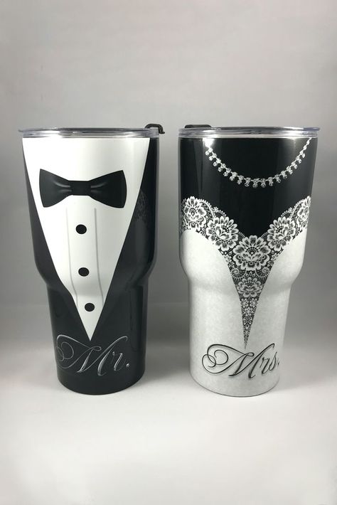 Fully wrapped 30oz Tumblers printed on premium wrap and laminate film. 
Great wedding gift idea. Diy Tumbler Cups, Tumbler Business, Yeti Cup Designs, Cricut Tumblers, Bride Tumbler, Customized Tumblers, Tumblers Ideas, Cricut Cups, Tumblr Cup