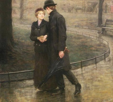 The Garden of Eden, by the English painter Breton Rivera, 1840 - 1920, two lovers in a public park in London on a rainy day, the world behind them and the garden with its walls is their paradise. Guildhall Art Gallery, Era Victoria, Victorian Couple, The Garden Of Eden, Kensington Gardens, Romance Art, Oil Painting Portrait, Classic Paintings, Garden Of Eden