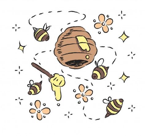 Bee Drawings Cute, Bee Theme Drawing, Cute Honey Bee Illustration, Doodle Bumble Bee, Honeybee Drawing Cute, Bees Drawing Cute, Bumble Bee Drawing Cute, Honey Bee Illustration Design, Bee Icon Aesthetic