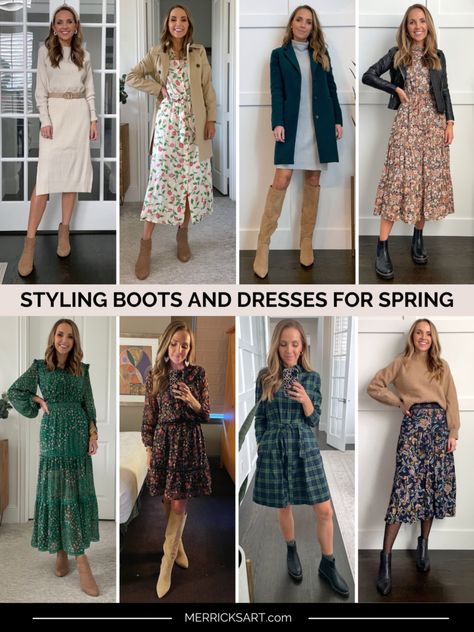 Boots With Summer Dress, Winter Business Dress Outfits, Nap Dress Outfit Fall, Work Dresses With Boots, Spring Luncheon Outfits, Dress With Boots Work Outfit, Booties For Dresses, Work Party Outfit Spring, Shift Dress With Boots