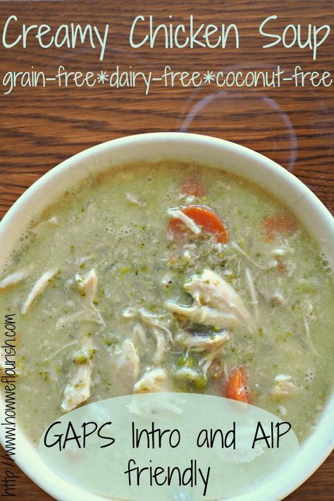 Creamy Chicken Soup (Dairy-Free, GAPS Intro, AIP) | How We Flourish Soup Creamy Chicken, Chicken Gluten Free, Gaps Intro, Gaps Diet Recipes, Gaps Recipes, Autoimmune Paleo Recipes, Aip Paleo Recipes, Paleo Soup, Creamy Chicken Soup