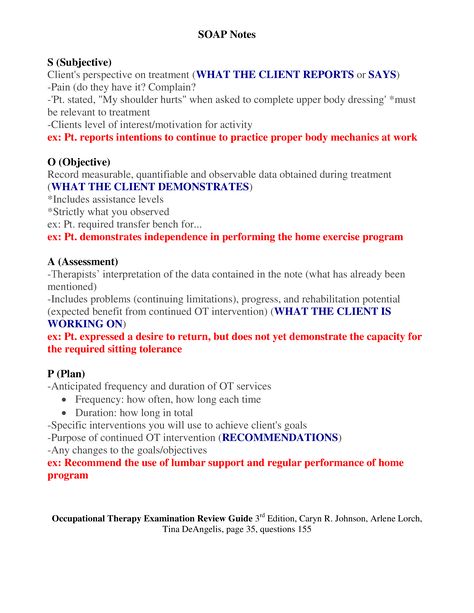 SOAP Notes  Occupational Therapy Examination Review Guide 3rd Edition, Caryn R. Johnson, Arlene Lorch,  Tina DeAngelis, page 35, question 155 Masters Of Occupational Therapy, Pre Therapy Notes, Occupational Therapy Documentation, Nbcot Exam Prep, Soap Note Template, Nbcot Exam, Notes Guide, Occupational Therapy Schools, Nursing Documentation