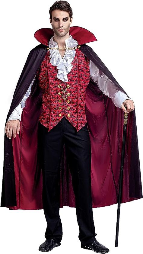 Cool Victorian Goth Vampire Costume for Men Includes Shirt with Attached Vintage Vampire Vest and Jabot, Cape with Stand-Up Maroon Collar and Vampire Cane. Goth Royal Vampire, Mens Edwardian Costume. Super Durable and Easy to Stretch Bodysuit. Superior Quality. 100% Polyester. Hand Wash Only Fastening: Button Slim Long Sleeve 20172-S Super Value Pack for Role Play. Perfect for Halloween Dress Up Parties, Festivals, Dracula Theme Party Costumes, Sexy Vampire Costume, Transylvania Costume, Broadwa Teen Vampire Costume, Gothic Vampire Costume, Halloween Party Events, Dracula Costume, Scary Vampire, Cosplay Costumes For Men, Edwardian Costumes, Vampire Halloween Costume, Vampire Costumes