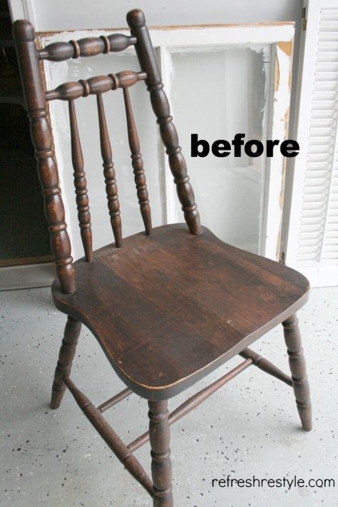 Chair Makeover Vintage Chairs Makeover, Share Chair, Spindle Chairs, Dark Brown Kitchen, Rocking Chair Makeover, Refurbishing Furniture, Hand Painted Chairs, Spindle Chair, Makeover Before And After