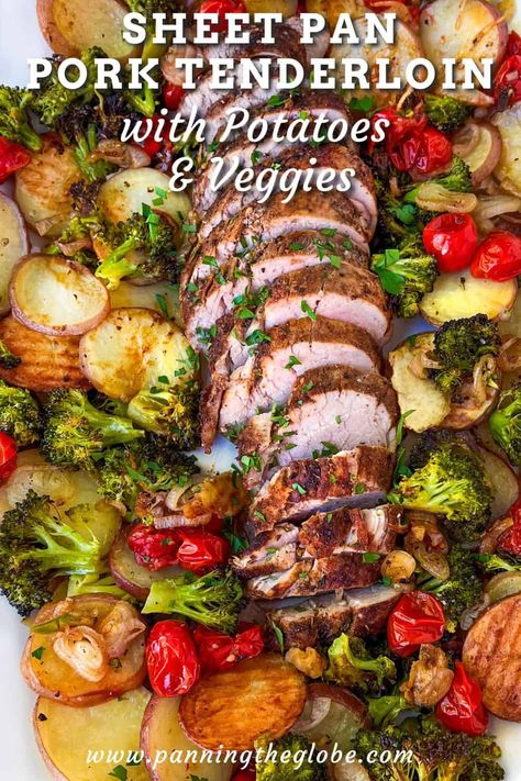 Here's a recipe for a whole dinner you can make on a sheet pan with 30 minutes of prep. Tender juicy spice-crusted pork tenderloin with roasted baby potatoes, broccoli and cherry tomatoes. This is a great recipe for for the weeknight dinner rotation. Pork Tenderloin Recipe Easy Sheet Pan Dinner, Roasted Tenderloin Pork, Roasted Pork Tenderloin With Potatoes, Pork Tenderloin With Tomatoes, Roast Pork Tenderloin With Vegetables, Sheet Pan Pork Tenderloin And Potatoes, One Pan Pork Loin Dinner, One Pan Pork Tenderloin And Potatoes, Pork Sheet Pan Dinner Recipes