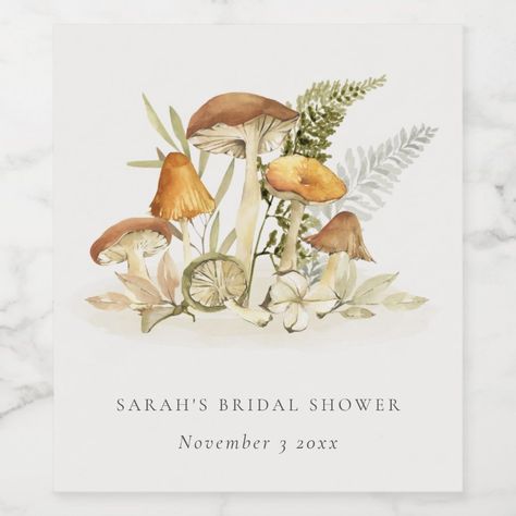 Rust Orange Mushroom Fern Foliage Bridal Shower Wine Label  Zazzle Mushroom Wedding, Merry Mushroom, Yellow Mushroom, Orange Mushroom, Bridal Shower Balloons, Vintage Wedding Cards, Honeymoon Fund, Foliage Wedding, Garden Birthday