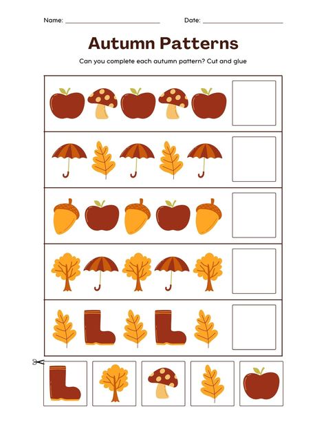 🍂 Autumn Patterns Worksheet | Digital Download 🍁 Bring the cozy vibes of fall into your learning activities with this charming Autumn Patterns Worksheet! Featuring delightful autumn-themed illustrations like acorns, mushrooms, apples, umbrellas, and leaves, this worksheet is perfect for enhancing pattern recognition and sequencing skills in a fun and engaging way. Ideal for classrooms, homeschool settings, or just a fun autumn activity at home, this digital download is easy to print and use. Simply download, print, and watch your students or little ones enjoy learning as they explore the beauty of the autumn season. What's Included: 1 Printable Autumn Patterns Worksheet (PDF) Cute and vibrant illustrations Designed for kids of all ages Uses: Pattern recognition Sequencing practice Season