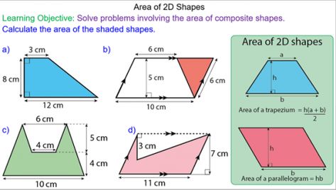 Composite Area of 2D Shapes  Students learn how to find the composite area of 2D shapes involving triangles, rectangles, trapezia and parallelograms.  By calculating the area of individual shapes students learn how to combine areas to solve more complex problems. Composite Shapes, Finding Area, Big Ideas Math, Math Fact Worksheets, Printable Math Games, Math Answers, Teaching Math Strategies, Area And Perimeter, Math Questions