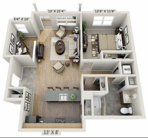 One Bedroom House Plans, 1 Bedroom House Plans, One Bedroom House, 1 Bedroom House, Small House Layout, House Floor Design, Apartment Floor Plans, Sims House Plans, House Layout Plans