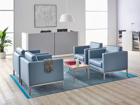 A healthcare reception area featuring four light blue lounge chairs. Healthcare Reception, Light Blue Lounge, Waiting Room Design Reception Areas, Medical Office Furniture, Small Reception Desk, Blue Lounge Chair, Waiting Room Design, Ergonomic Office Furniture, Blue Textile