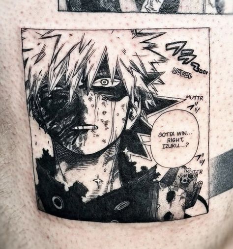 Anime Tattoos Mha, Manga Panel Tattoo Ideas, My Hero Tattoo Ideas, Bakugo Tattoo Ideas, My Hero Tattoo, My Hero Academia Manga Panels, My Hero Academia Tattoo Ideas, Manga Tattoo Anime, Anime Panel Tattoo