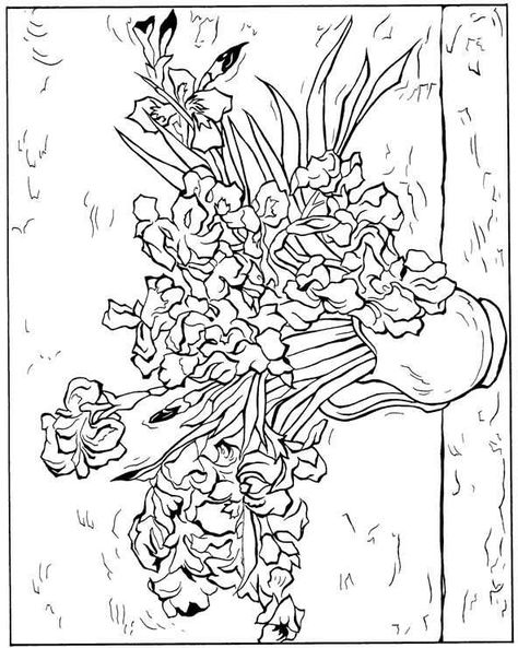 Iris Van Gogh Coloring Pages - Van Gogh Coloring Pages Famous Art Coloring, Cover Fireplace, Van Gogh Coloring, Flower Vase Drawing, Sunflower Coloring, Coloring Rocks, Van Gogh Irises, Arte Van Gogh, Flowers Vase