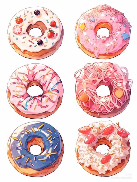 Cute Meals, Bread Illustration, Digital Art Inspiration, Donut Drawing, Desserts Drawing, Donut Art, Bento Lunchbox, Dessert Illustration, Food Drawings