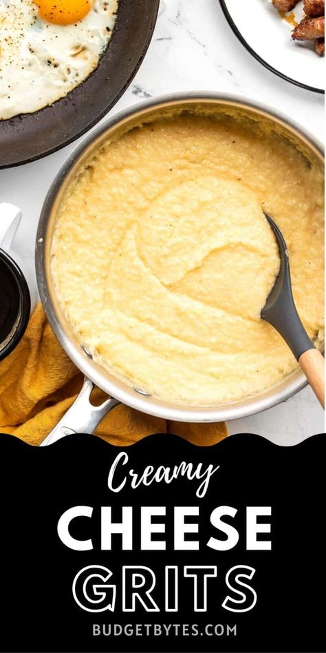 Rich & Creamy Cheese Grits - Budget Bytes Best Cheese Grits, Easy Cheese Grits, Creamy Cheese Grits, Cheesy Grits Recipe, Grits And Eggs, Cheese Grits Recipe, How To Cook Grits, Savory Breakfast Recipes, Creamy Grits