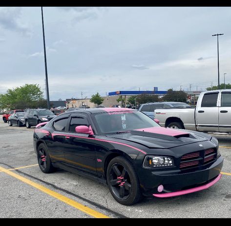 Pink Dodge Charger Interior, White And Pink Dodge Charger, Pink And Black Dodge Charger, Wrapped Volkswagen Beetle, Black Car With Pink Interior, Pink Dodge Charger, Pink And Black Car, Black And Pink Dodge Challenger, Black And Pink Car Wrap