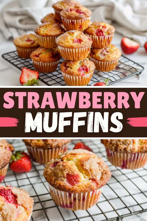 Treat yourself to these delightful strawberry muffins! They're moist, fruity, and perfect for breakfast or snacking. Blueberry And Strawberry Muffins, Recipes To Use Up Strawberries, Strawberry Muffin Recipes Easy, Overripe Strawberry Recipes, Heart Shaped Muffins, Freeze Dried Strawberry Muffins, Strawberry Mini Muffins, Baking With Strawberries, Muffin Recipes Strawberry