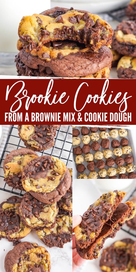 Cookie Dough Brownie Cookies, Brownie Mix Cookie, Brownie Pillow Cookies, Cookie With Brownie Inside, Brookie Bites, Cookie Jar Brownies, Cookies Made With Brownie Mix Simple, Brookie Cookies, Chocolate Chip Brownie Cookies