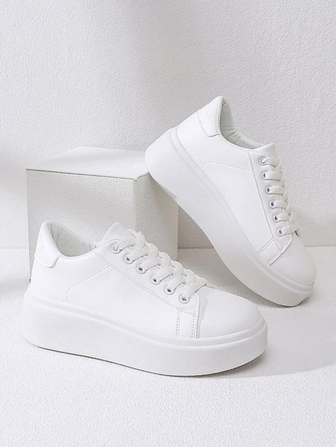 Minimalist Sneakers, Shein Shoes, White Casual Shoes, Women Casual Shoes, Simple Shoes, White Sneakers Women, Women Shoes Online, Girly Shoes, Lacing Sneakers