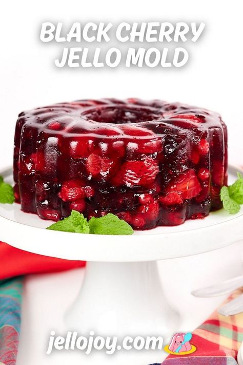 This sweet and refreshing cherry salad mold is ridiculously easy to make, you'll only need black cherry jello and your favorite cherries and you can use frozen or fresh cherries! (Or any berry fruit mix with strawberries, blueberries, raspberries, etc!) Get the Recipe at jellojoy.com! Strawberry Jello Mold Recipes, Bing Cherry Jello Salad, Black Cherry Jello Recipes, Fruit Salad Jello, Black Cherry Jello Salad, Cherry Jello Salad, Cherry Jello Recipes, Black Cherry Jello, Raspberry Jello