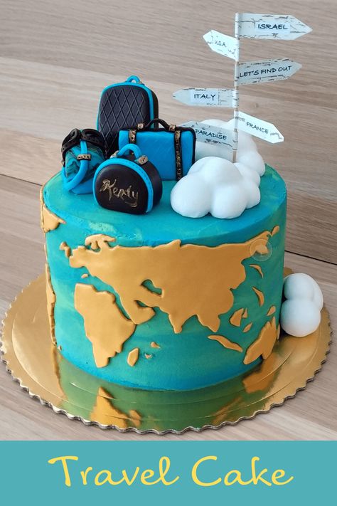 Themed Travel Cake with custom template, 3D fondant luggage and cloud cake toppers. This fun cake is a great birthday cake for any international traveler. Luggage Cake, Map Cake, Farewell Cake, Fiesta Cake, Travel Cake, Chocolate Drip Cake, Watermelon Cake, Birthday Cakes For Men, Valentine Cake