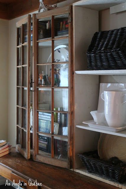 DIY Armoire from old windows Diy Armoire, Old Windows, Old Doors, Book Shelf, Glass Doors, Furniture Projects, Built Ins, Room Decoration, Windows And Doors