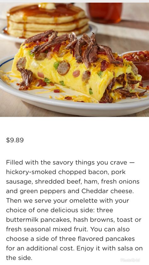 Colorado Omelette from IHOP Ihop Omelette, Flavored Pancakes, Cheese Stuffed Peppers, Omelette Recipe, Shredded Beef, Buttermilk Pancakes, Family Food, Pork Sausage, Mixed Fruit