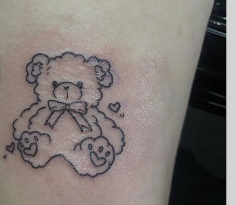 Bear Holding Heart Tattoo, Kawaii Bear Tattoo, Corduroy Bear Tattoo, Teddy Bear Traditional Tattoo, Matching Teddy Bear Tattoos, Baby Bear Tattoo Ideas For Women, Childhood Teddy Tattoo, Stuffed Bear Tattoo, Plushie Tattoo