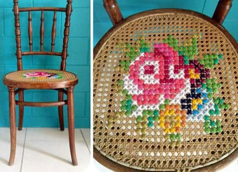 Contemporary Embroidery in Modern Interior Decorating Stitch Furniture, Chair Embroidery, Cane Chair, Beautiful Cross, Crafty Craft, Crafty Diy, Embroidery Inspiration, Flower Embroidery, Wicker Chair