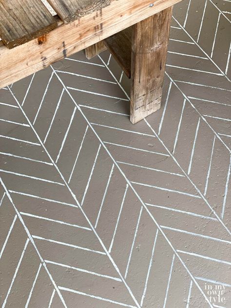 Concrete Floor Stencil Ideas, Concrete Front Porch Ideas, Painted Cement Patio, Outdoor Concrete Floors, Painted Cement Floors, Lakeview House, Brick Stencil, Stenciled Concrete Floor, Patio Paint