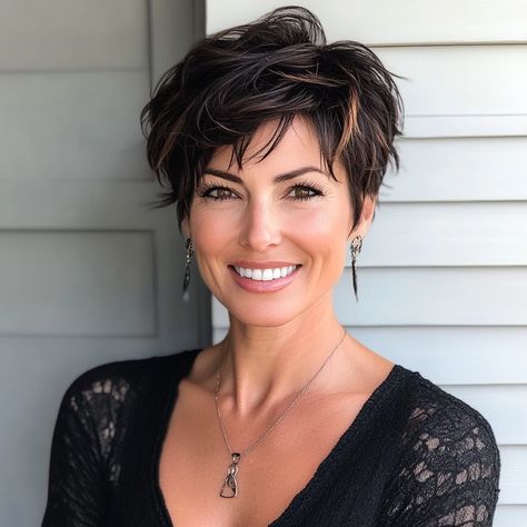 Pixie Highlights And Lowlights, Short Hairstyles 2024 Women, Short Haircuts Pixie, Short Hairstyles Women Over 50, Stylish Short Haircuts For Women, Short Womens Haircuts Pixie, Brunette Short Hairstyles, Dark Hair Pixie Haircut, Short Choppy Hair Edgy Messy Pixie