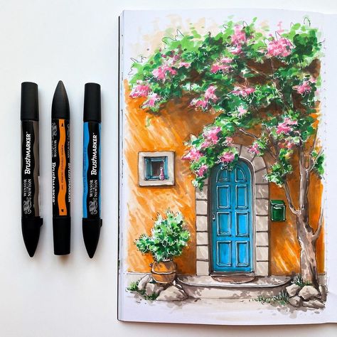 Simple Marker Drawing Ideas, Drawing Ideas Nature, Marker Drawing Ideas, Color Markers Art, رسم كاريكاتير, Markers Drawing Ideas, Travel Art Journal, Nature Art Drawings, Watercolor Paintings For Beginners