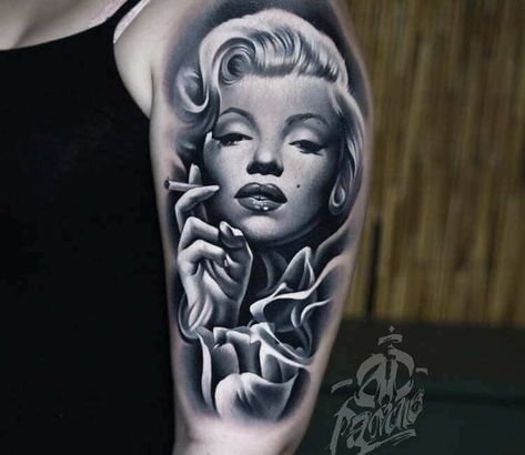 Marilyn Monroe tattoo by A.d. Pancho Two Faced Tattoo, Vendetta Tattoo, Gold Tattoo Ink, Bandana Tattoo, Brown Tattoo Ink, Monroe Tattoo, Outlaw Tattoo, Eye Lash Tattoo, Blue Ink Tattoos