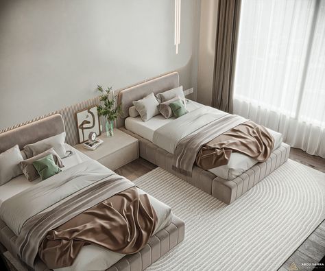 Double Bed Rooms Ideas, Two Twin Bedroom Ideas, Behance Interior Bedroom, Guest Bedroom Ideas Twin Beds, Double Bedroom Design, Modern Twin Bedroom, Single Bedroom Design, Double Bed Design Modern, Bedroom With Two Beds