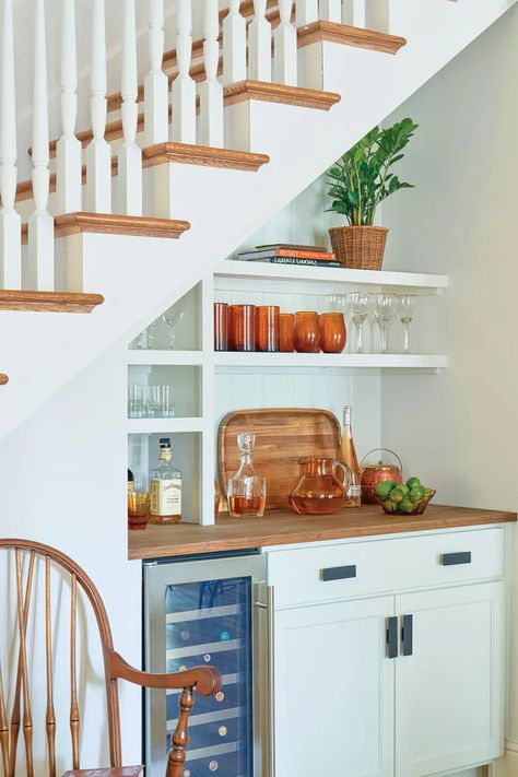 Project House Reveal in Franklin, Tennessee - American Farmhouse Style Bookshelves With Bench, Pantry Nook, Bar Under Stairs, Window Closet, Farmhouse Bookshelves, Kitchen Under Stairs, Between Studs, Under Staircase, Diy Built Ins