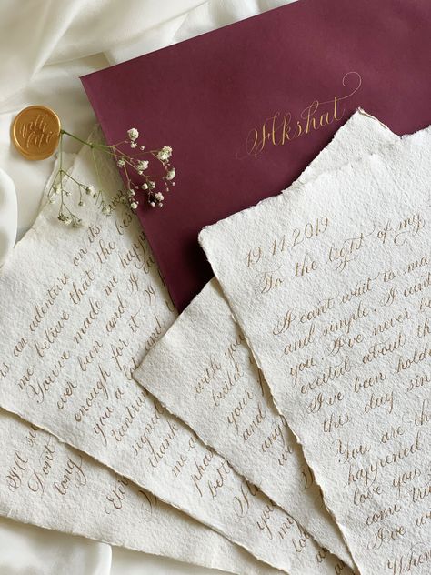 A beautifully worded letter from Bride to Groom, on their wedding day. ❤️ Write a letter to your partner for the wedding day, because it’s the day where you declare your love and part of that is putting your love in writing as a way to have it endure for all time. ❤️✨ . . .  #nibsandtools #weddingvows #copperplatecalligraphy #calligraphy #pointedpencalligraphy #moderncalligraphy  #waxseal #handwritten #personalised #lettering  #calligrapher #entrepreneur  #watercolor #weddingcalligraphy #gifting Letters To The Bride, 2024 Bride, Pointed Pen Calligraphy, Write A Letter, Old Letters, Bride Guide, Letter To Yourself, Handwritten Letters, Personalized Letters