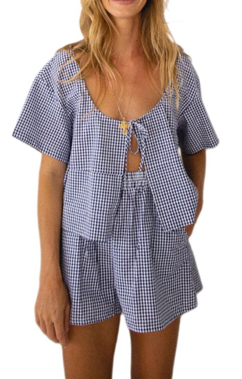 PRICES MAY VARY. ♦Material: Polyester blend. Women plaid 2 piece pajama shorts set made by high quality fabric, lightweight, breathable, skin-friendly, plaid shorts pj set for women, gingham two piece shorts sets, offer comfy wearing experience. ♦Features: Puff sleeve babydoll blouse, with cute bow tie, open front, tie up peplum shirt, half sleeve plaid shirt blouse, loose fit, short sleeve 2 piece pj sets. Short sleeve lounge sets, women y2k two piece summer outfits, y2k 2 piece loungewear, y2k Europe Summer Clothes, Amazon Clothes For Women, Beach Concert Outfit, Indie Concert Outfit Summer, Nantucket Outfit Summer, Summer Sets Outfits Two Pieces, Coastal Clothes, Gingham Two Piece, Plaid Boxer Shorts