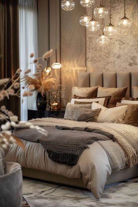 "Create a serene retreat with Elegant Bedroom Inspirations! 🛏️💫 Discover luxurious textiles, sophisticated color palettes, and refined furnishings to design a bedroom that exudes comfort and style. Perfect for restful and elegant living! 🌟🕯️ #ElegantBedroom #HomeDecor #BedroomInspo" Neutral Romantic Bedroom, Chocolate And Cream Bedroom Ideas, Elegant Cozy Bedroom, Modern Luxury Bedroom Beige, Simple Luxury Bedroom, Beige Bedroom Aesthetic Luxury, Brown Cosy Bedroom, Classic Bedroom Design Luxury, Beige Bedding Aesthetic