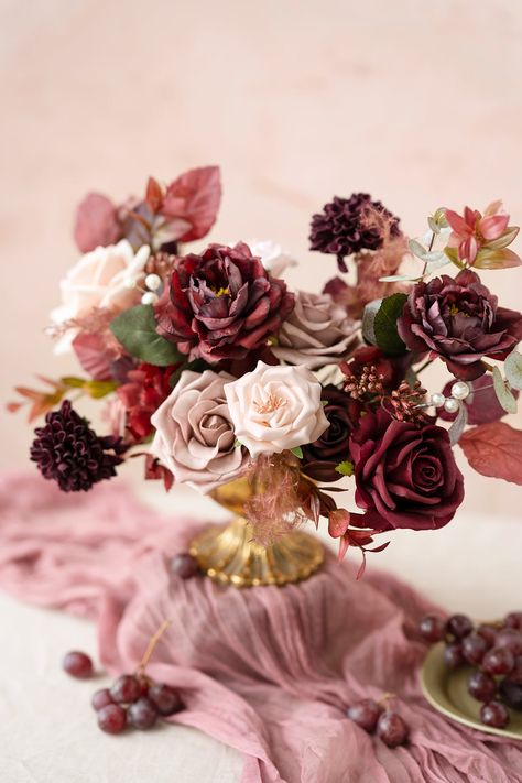 Wedding Florals Burgundy, Wine Colored Flowers, Dusty Pink Flowers, Cotinus Coggygria, Bridal Florals, Dark Purple Roses, Burgundy Dahlia, Diy Flower Boxes, Dark Red Roses