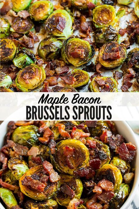 Indulge in a mouthwatering dish that brings together the rich flavors of Brussels sprouts and crispy bacon. Perfectly roasted to achieve a delightful crunch, these savory sprouts are elevated by the smoky goodness of bacon bits. Ideal for a cozy dinner or a festive gathering, this recipe is sure to become a favorite among family and friends. Enjoy a side dish that's not only delicious but also easy to prepare, adding a touch of gourmet to your everyday meals. Brussel Sprout Recipes With Bacon, Maple Brussel Sprouts, Maple Bacon Recipes, Maple Bacon Brussel Sprouts, Bacon Brussels Sprouts, Crispy Brussel Sprouts, Caramelized Bacon, Roasted Sprouts, Bacon Brussel Sprouts