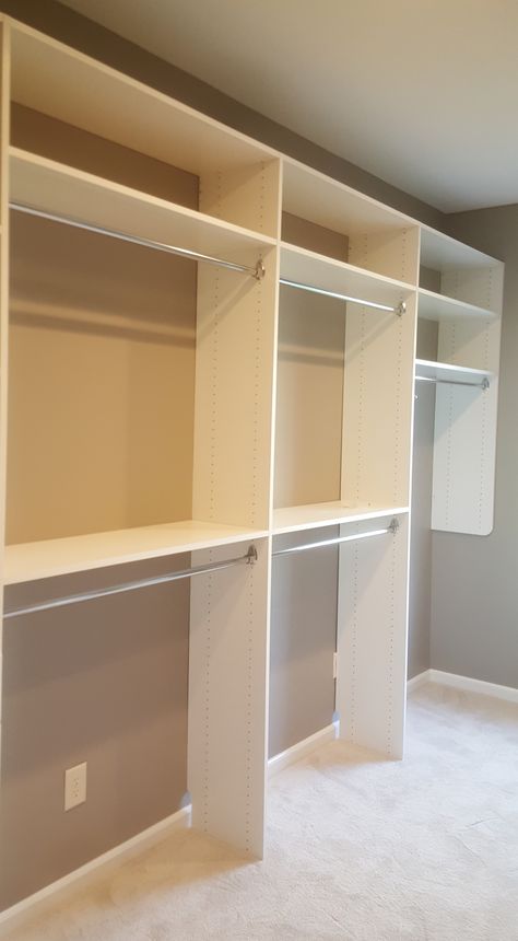 Walk In Closet Hanging Space, Closet With Hanging Space, Long Wall Closet Ideas, Diy Bedroom Closet Ideas How To Build, Large Storage Closet Ideas, Square Walk In Closet Ideas Layout, Inexpensive Closet Ideas, Double Closet Design Layout, Long Closet Design