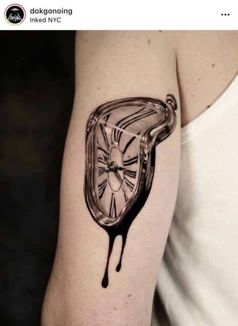 225+ Clock Tattoos Ideas and Designs (2022) - TattoosBoyGirl Realistic Clock Tattoo Design, Melting Watch Tattoo, Salvadore Dali Tattoo, Dali Watch Tattoo, Surreal Tattoo Sleeve, Salvador Dali Tattoos, Salvador Dali Clock Tattoo, Salvador Dali Tattoo Ideas, Dali Clock Tattoo