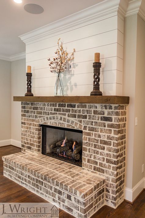 Living - J Wright Building Company | J Wright Building Company Fireplace Design Ideas Stone Farmhouse, Brick Fireplace With Board And Batten, Light Brown Fireplace, Chimminie Ideas, Brick And Wood Mantle Fireplace, Renovating Brick Fireplace, Refacing Brick Fireplace With Stone, Farmhouse Brick Fireplace Ideas, Brick Mantle Ideas