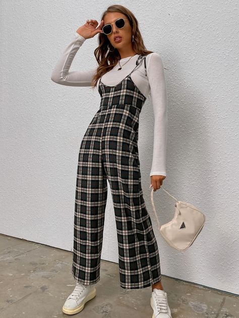 Student Teaching Outfits, Jumpsuit Overalls, Plaid Jumpsuit, Teaching Outfits, Overalls Outfit, Plaid Tie, Jumpsuit Outfit, Casual Attire, Shein Style