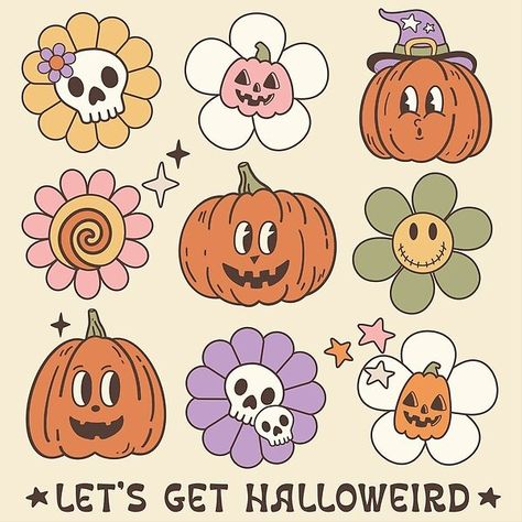 A series of products with the "Let's get Halloweird" design Retro Halloween Cartoon, Fall Skeleton, Procreate Halloween Drawing, Fall Crafts Cricut, Halloween Pumpkin Illustration, Cute Halloween Designs, Halloween Illustration Cute, Halloween Illustration Design, Halloween Pumpkin Drawing