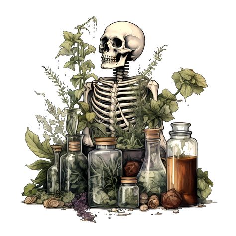 Skeleton And Plants Art, Skeleton And Plants Tattoo, Plant Physiology Art, Plants And Skeletons, Creepy Plants Drawing, Apothecary Artwork, Overgrown Skeleton, Skeleton And Plants, Fungi Painting