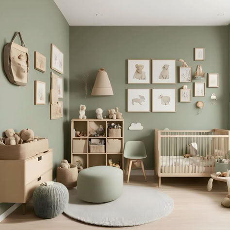 Olive Green Nursery Furniture, Newborn Bedroom Ideas Nurseries, Baby Nursery Sage Green, Sage Green Kids Bedroom, Nursery Green Accent Wall, Green Nursery Paint Colors, Sage Green Nursery Boy, Green Boys Nursery, Sage Green Baby Nursery