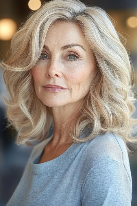 winter hair color, hair color ideas, hair styles for women over 70 Blonde Older Women, Older Blonde Woman, Hair Color Blondes, Blond Hair Colors, Uneven Bob Haircut, Wavy Layered Hair, Cool Blonde Hair Colour, Blonde Bob Haircut, Fabulous Women