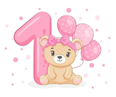 An illustration from the cartoon - Happy birthday, 1 year, a cute little bear girl. Vector illustration. Happy Birthday 1 Year, Hearts Cartoon, Boys Flowers, Happy Birthday Baby Girl, Scrapbook Bebe, Baby Birthday Card, Flowers Balloons, Baby Scrapbook Album, Baby Print Art