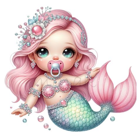 Mermaid Clip Art, Newborn Mermaid, Mermaid Clipart, Mermaid Illustration, Newborn Nursery, Dreamy Artwork, Underwater Art, Bows Diy Ribbon